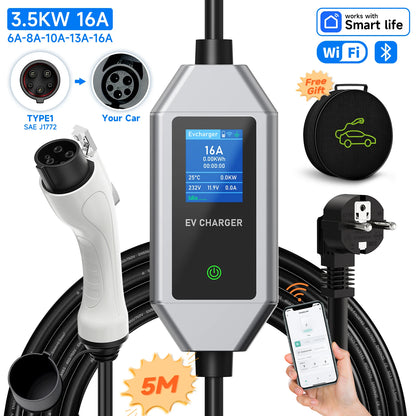 AFEEV Type2/Type1 Portable EV Charger 3.5KW 16A Electric Car Charger EVSE Fast Charging Cable Wallbox APP Bluetooth Control
