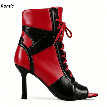 Rontic Women Red Black Color Block Peep Toe Ankle Booties, Lace Up Stiletto Heel Cutout Patchwork Fashion Open Toe Party Shoes