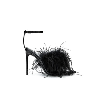 Spring Summer New Star Same Style Women's Blue Feather High Heels Versatile Strap Pointed Thin Heel Sandals