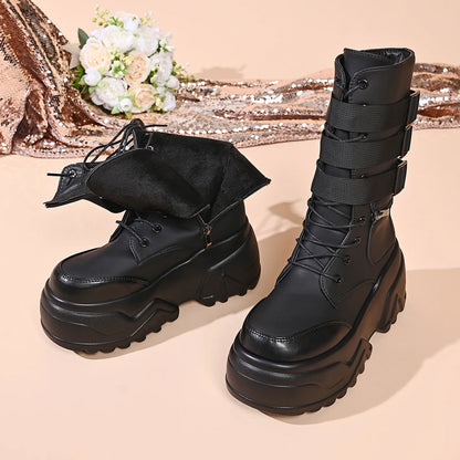 Punk Style Thick Bottom Women's Black Short Boots Side Zip Buckle Straps Platform Shoes for Women Zapatos De Mujer Size 35-42