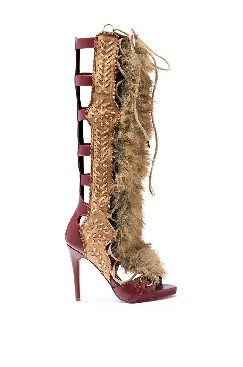 Thin High Heel Peep Toe Design Fluffy Sandals Women Fashion Strap Ankle Feather Sandals Zip Summer Show New Shoes Embroidery