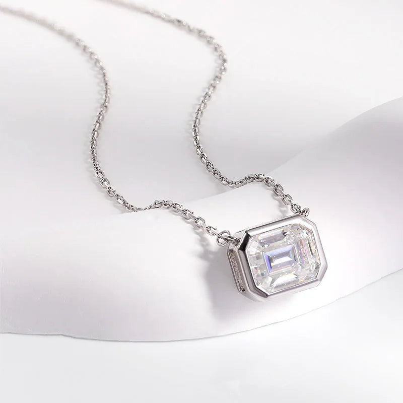 FEOBUR 2CT Emerald Cut Moissanite Pendant Necklace S925 Silver Certified Bezel Set Lab Diamond NeckChain for Women Jewelry Gifts