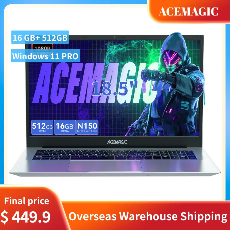 ACEMAGIC 18.5 Inch Laptop Intel Lake N150 16GB DDR4 512GB SSD FHD Windows 11 8000mAh Battery Expandable to 2TB Gaming Notebook