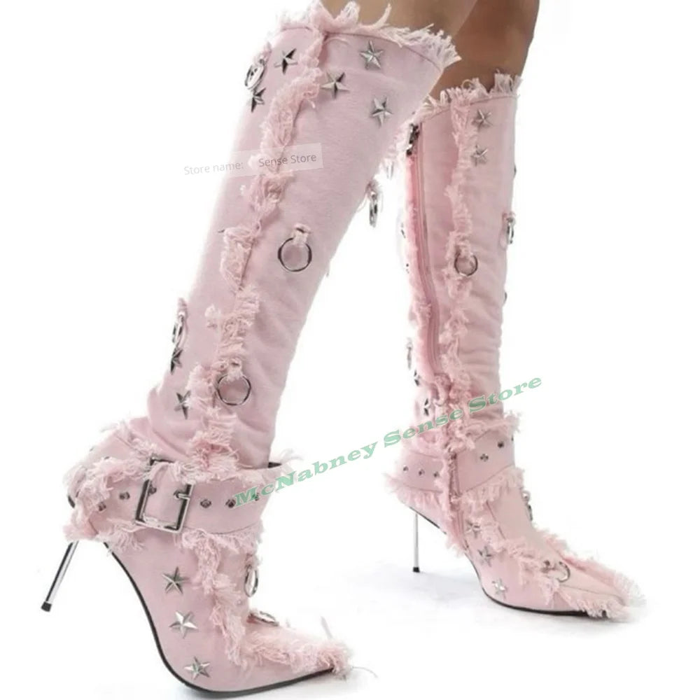 Cotton Fabric Stars Boots Pointy Toe Solid Metal Thin High Heels Buckles Straps Boots Knee High New Style Women Shoes Autumn