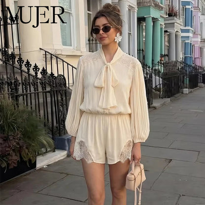 MUJER Tied Lace Playsuit Woman Summer Casual Jumpsuits for Women Semi Sheer Vacation Jumpsuits Woman One Pieces Overalls Women