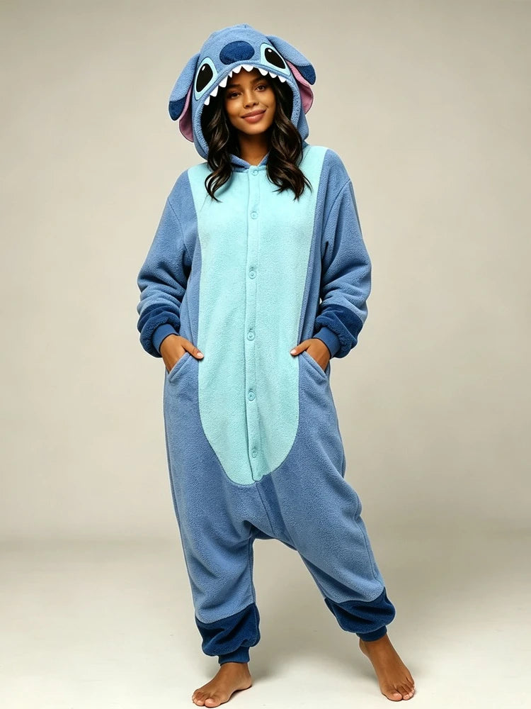 Soft Polar Fleece Stitch Hooded One Piece Pajamas Unisex Button Closure Long Sleeve Loose Onesie Nightwear Indoor Loungewears
