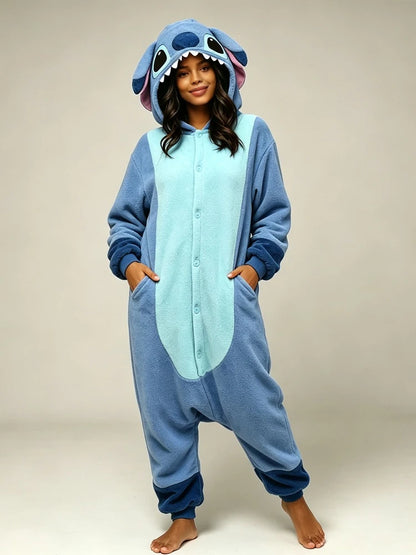 Soft Polar Fleece Stitch Hooded One Piece Pajamas Unisex Button Closure Long Sleeve Loose Onesie Nightwear Indoor Loungewears