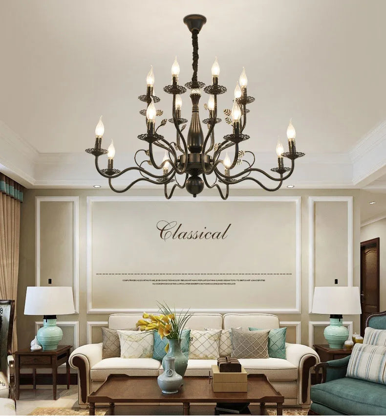 2022 modern black/gold wrought iron candle light retro Europe and America 6 12 16 lights chandelier dining room chandelier