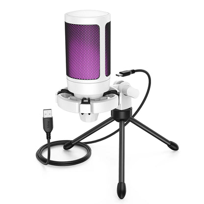 AmpliGame USB Gaming Microphone with Quick Mute,RGB Condenser Mic with Tripod for PC,PS5,Laptop Streaming Podcasting -A2W White