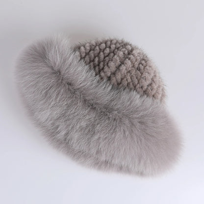 Women's Winter Warm Genuine Premuim Mink Fur Knitted Bucket Hat Furry Real Fur Caps Big Fox Fur Trim Brim Adjustable