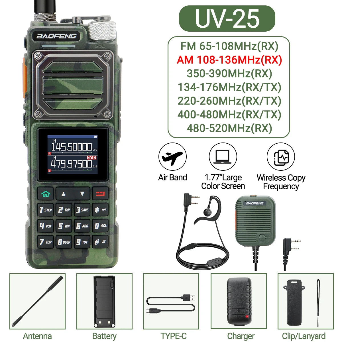 Baofeng UV-25 Walkie Talkie Wireless Copy Frequency Multi Band UHF VHF Air Band 999CH NOAA Type-C Charger AM Ham Two Way Radio
