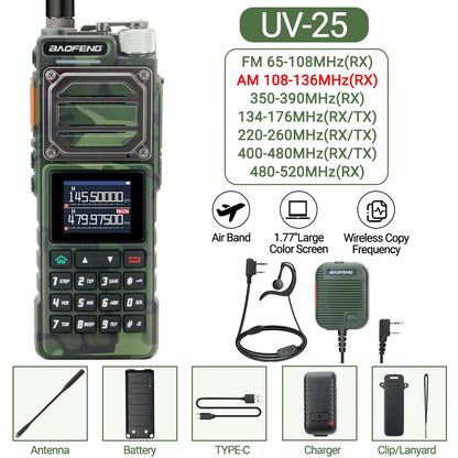 Baofeng UV-25 Walkie Talkie Wireless Copy Frequency Multi Band UHF VHF Air Band 999CH NOAA Type-C Charger AM Ham Two Way Radio