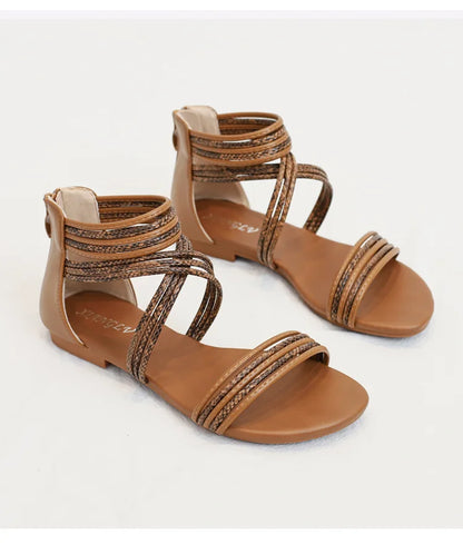 High quality leather flat sandals for women stripe zipper new summer 2026 36 42 open toe casual beach shoe black khaki brown