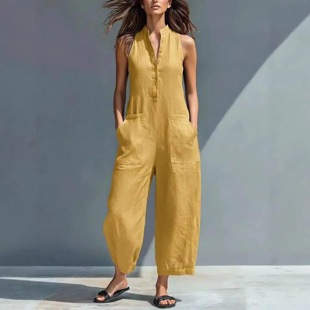 Women's Summer Sleeveless Jumpsuit Button Up Stand Collar Loose One Piece Overalls Wide Leg Long Pants Rompers with Pockets
