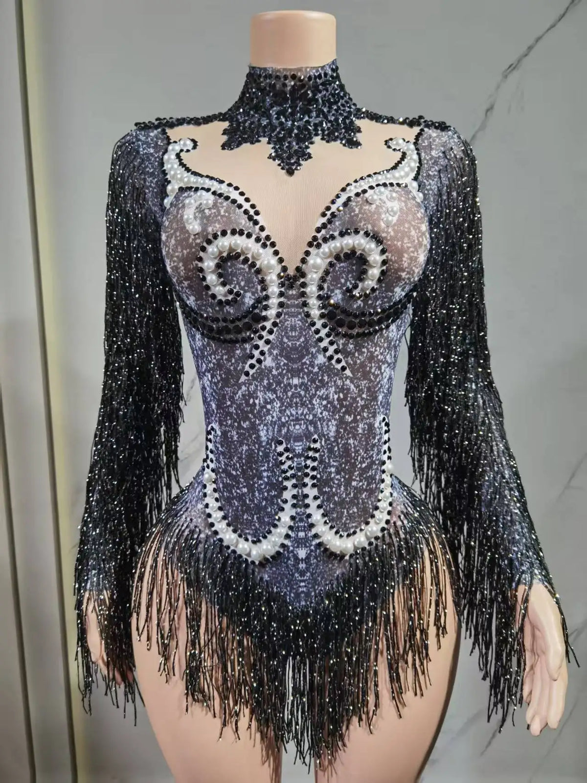Luxury Gray Fringe Silver Rhinestones Pearls Transparent Bodysuit Women Dance Show Costume Birthday Party Outfit