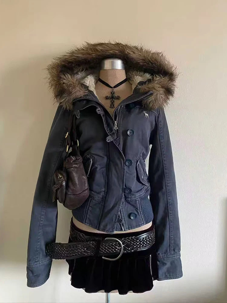 Winter Warm Fur Collar Short Jacket Women 2000s Y2K Fleece Padded Parkas Single Breasted Hood Coats High Street Female Outwears