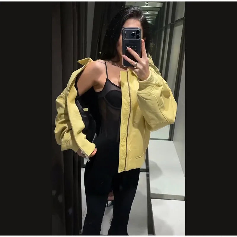Faux Leather Bomber Jacket Oversized Collared Long Sleeve 2026 Spring Edgy Women Faux Leather Coat Fashion  Bold Lady Outerwear