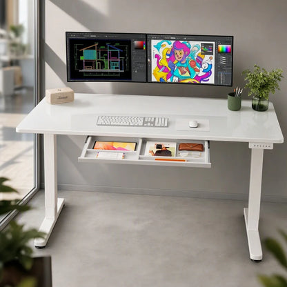 Glass Standing Desk with Drawer 58 X 28 Inches Stand up Desk Standing Desk Adjustable Height with One-Piece Tempered Glass Top, Ergonomic Home Office Desk with 4 Preset Heights