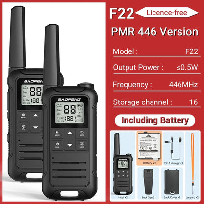 2PCS Baofeng F22 T22 PMR 446MHz Mini Walkie Talkie Waterproof Type-C Licence-free Flashlight Portable Two Way Radio for Hunting