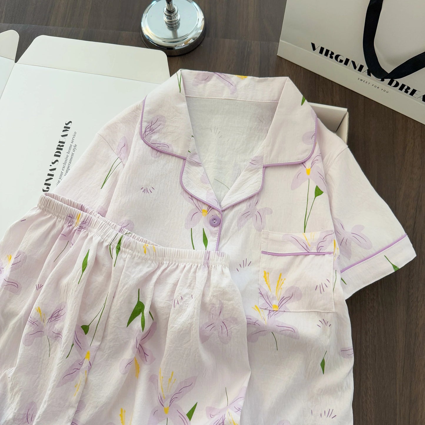 Women Summer Lapel Open Front Pajama Set Short Sleeve Top Shorts, Sweet Ins Teen Loungewear, Casual Daily Outdoor Home Wear Suit