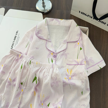 Women Summer Lapel Open Front Pajama Set Short Sleeve Top Shorts, Sweet Ins Teen Loungewear, Casual Daily Outdoor Home Wear Suit