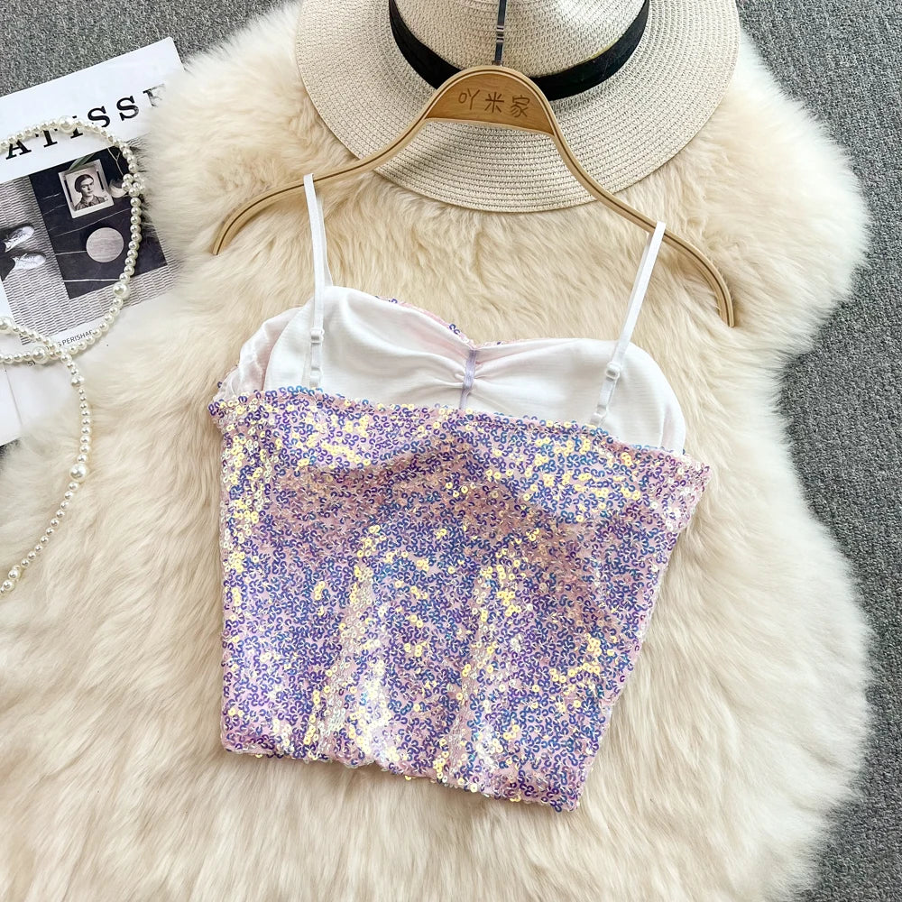 Sexy Sequin Party spaghetti Croset Bustier backless Slim Tanks and Camis Strap Glitter Crop Top Fashion Summer Women Clothes Y2k