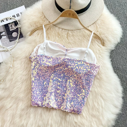 Sexy Sequin Party spaghetti Croset Bustier backless Slim Tanks and Camis Strap Glitter Crop Top Fashion Summer Women Clothes Y2k