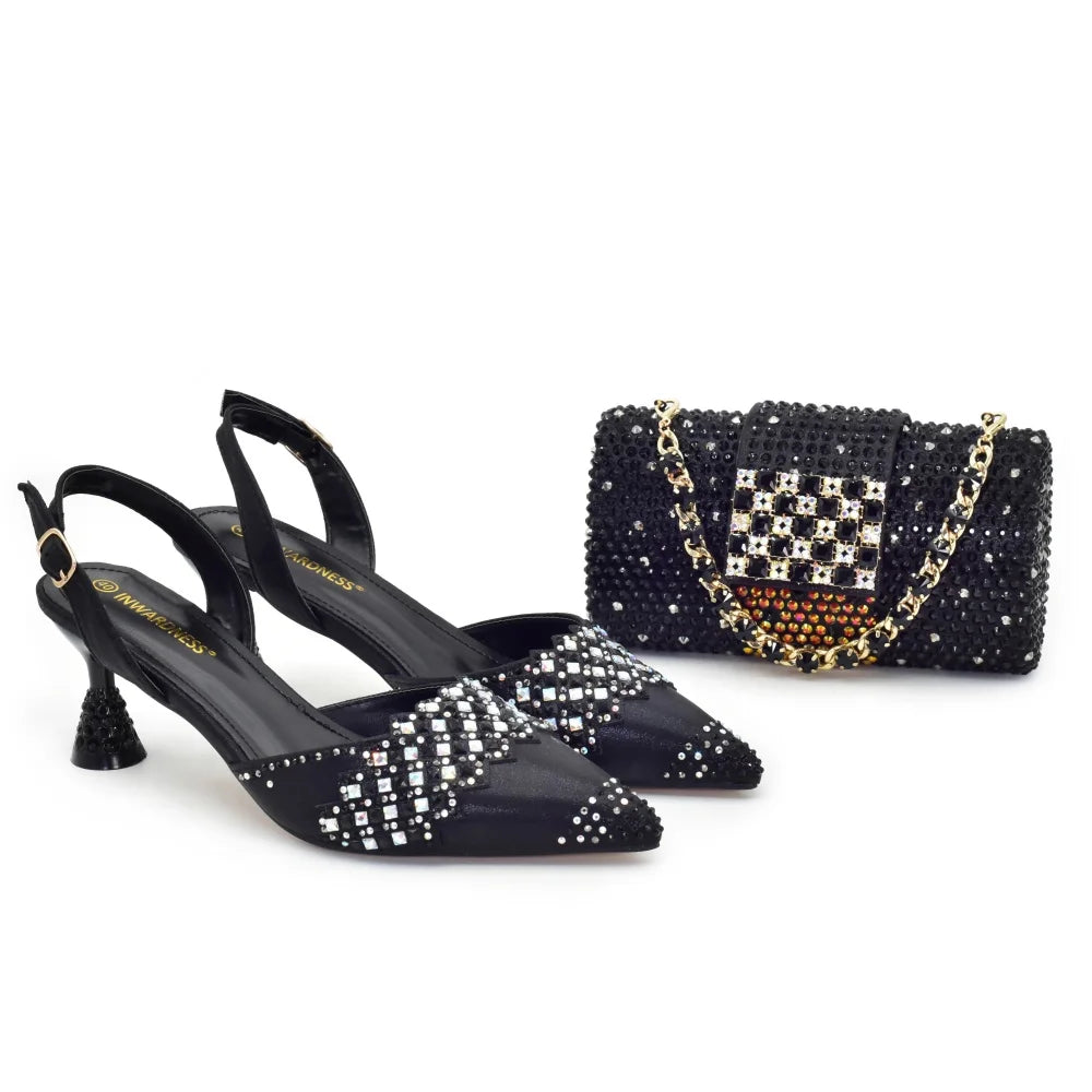 African Matching Shoes and Bags Set Decorated with Rhinestone Bag and Shoe Set Nigeria Party Pumps Street Style High Heels