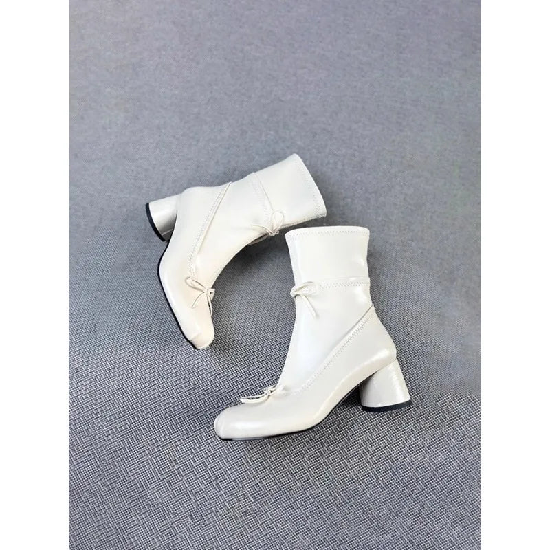 2026 New Style Women's Thick Heel Slim Boots - Early Spring New Style Bowknot Short Boots