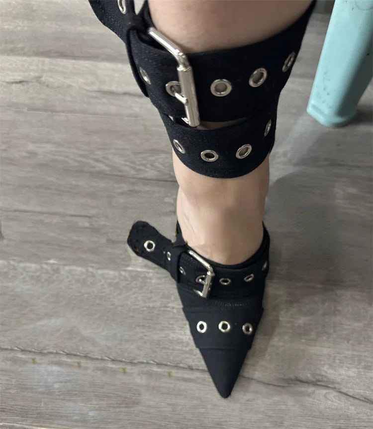New Women Denim Metal Rivet Buckle Sandals Women Sexy Punk Style Pointed Hollow Metal 11cm High Heel Knee High Boots Size34-43