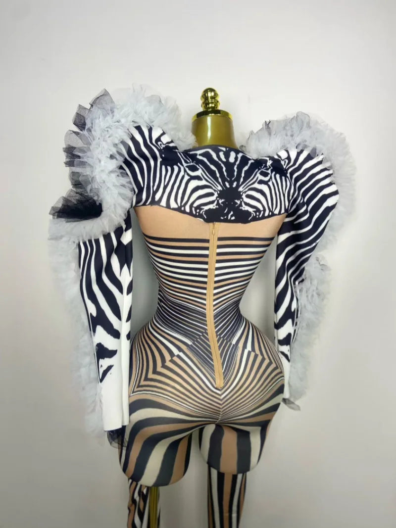 Women Long Sleeve Zebra Stripes Bodycon Jumpsuit Two Piece Set Birthday Party Nightclub Stage Performance Halloween Rompers