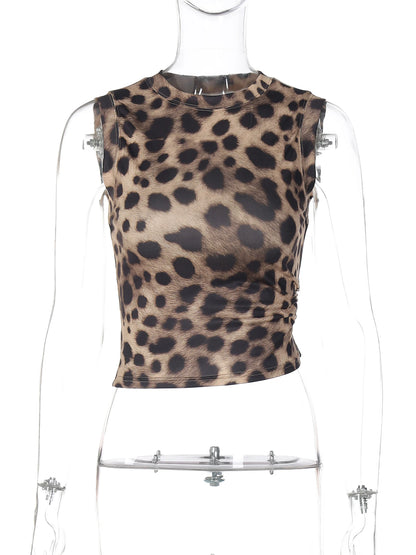 Dulzura Summer Fashion Sexy O-Neck Sleeveless Shirring Leopard Print T-Shirt Women'S Casual Versatile Y2K Top Party Club Clothes