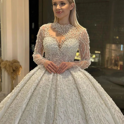 Gwn&Gce 2026 Long Sleeves Luxury Elegant Wedding Dress Pearls Wedding Gown A-Line Chapel Princess Bridal Gown Vestido Blanco