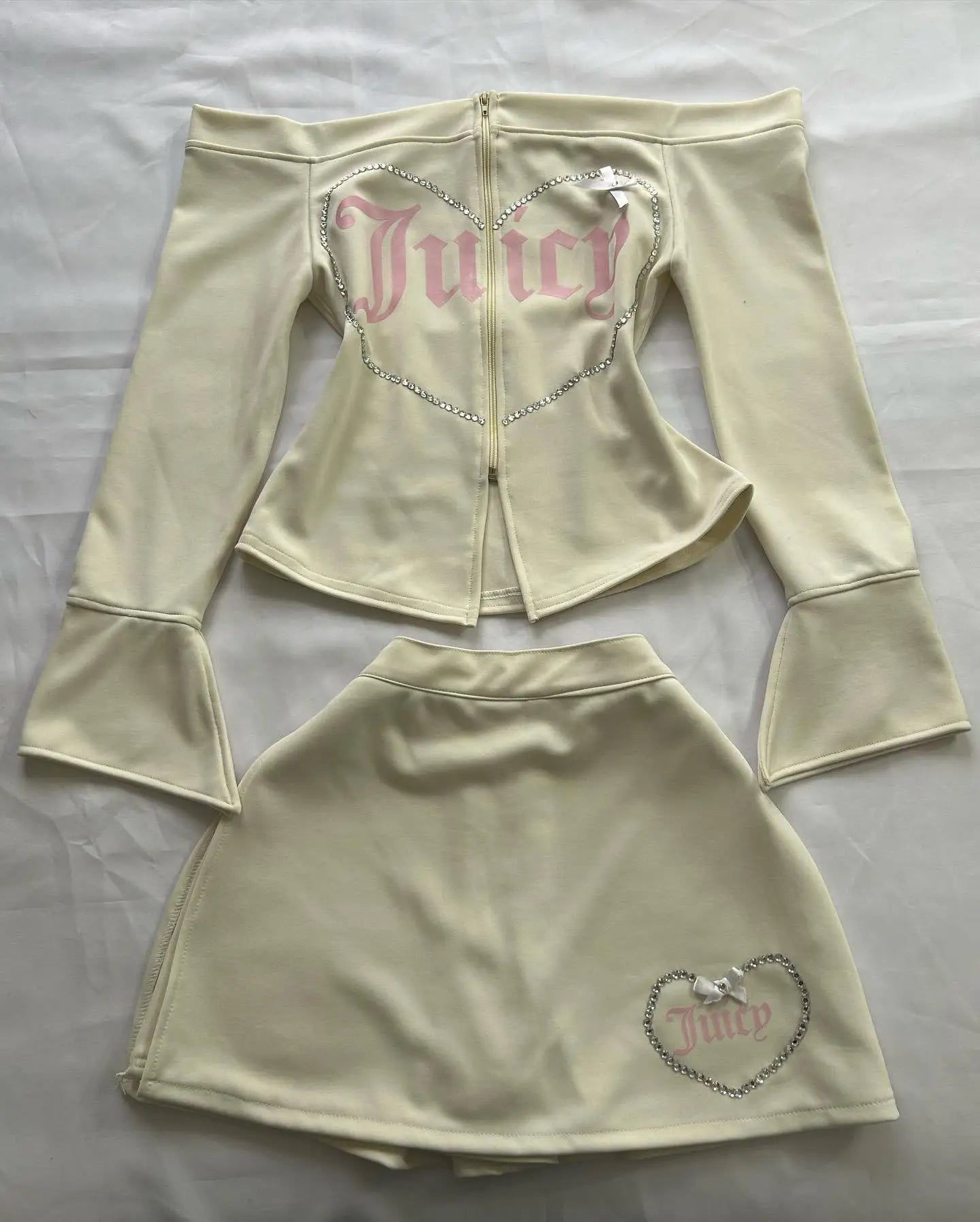Y2K Pink High Waist Mini Skirt with Rhinestone Heart Juicy Logo Bow Soft Velour A-line Preppy Kawaii Streetwear for Women
