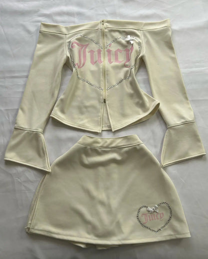Y2K Pink High Waist Mini Skirt with Rhinestone Heart Juicy Logo Bow Soft Velour A-line Preppy Kawaii Streetwear for Women