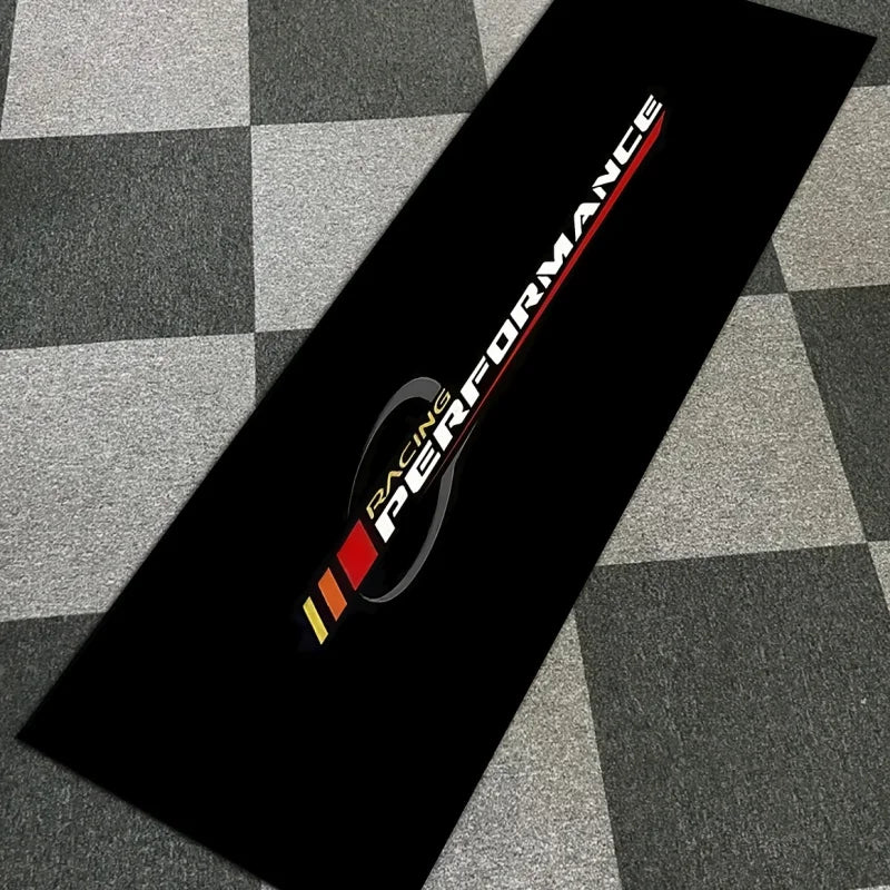 Racing Performance Logo Garage Runner Floor Mat, Black Red Stripe Oil Absorbent Non-Slip Long Rug for Motorcycle Car Workshop Ma