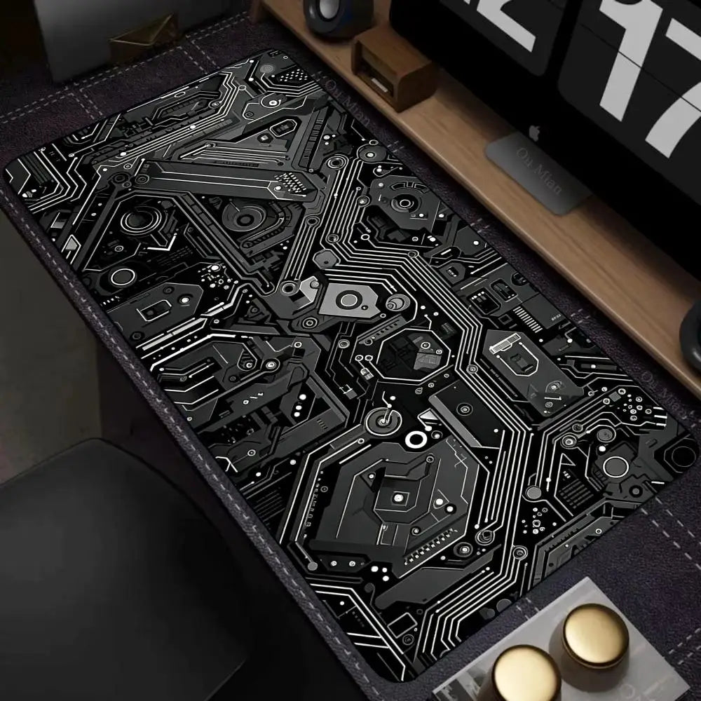 Black Circuit Print XXL 90x40 Gaming Mousepad Desk Mat Anti-slip Rubber Base Stitched Edge for Gamers Office Home Daily Use