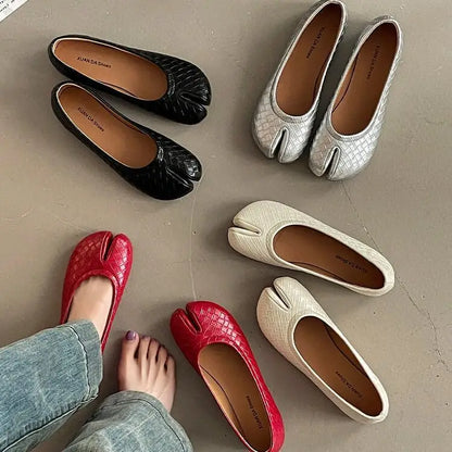 French Retro Split Toe Ballet Flats Women Red Woven Detail Tabi Slip On Shoe Woman Faux Leather Moccasin Daily Work Office Flats