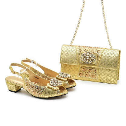 Latest Gold Shoe and Bag Set Women Italian Decorated with Rhinestone African Women Wedding Shoes Bride Plus Size Women Pumps 43