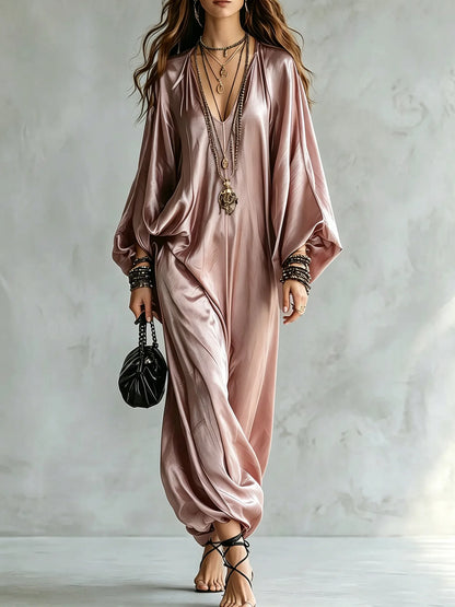New Spring Autumn Solid V Neck Batwing Sleeve Loose Jumpsuit Women Fashion Satin Wide Leg Pants Jumpsuits Casual Holiday Rompers