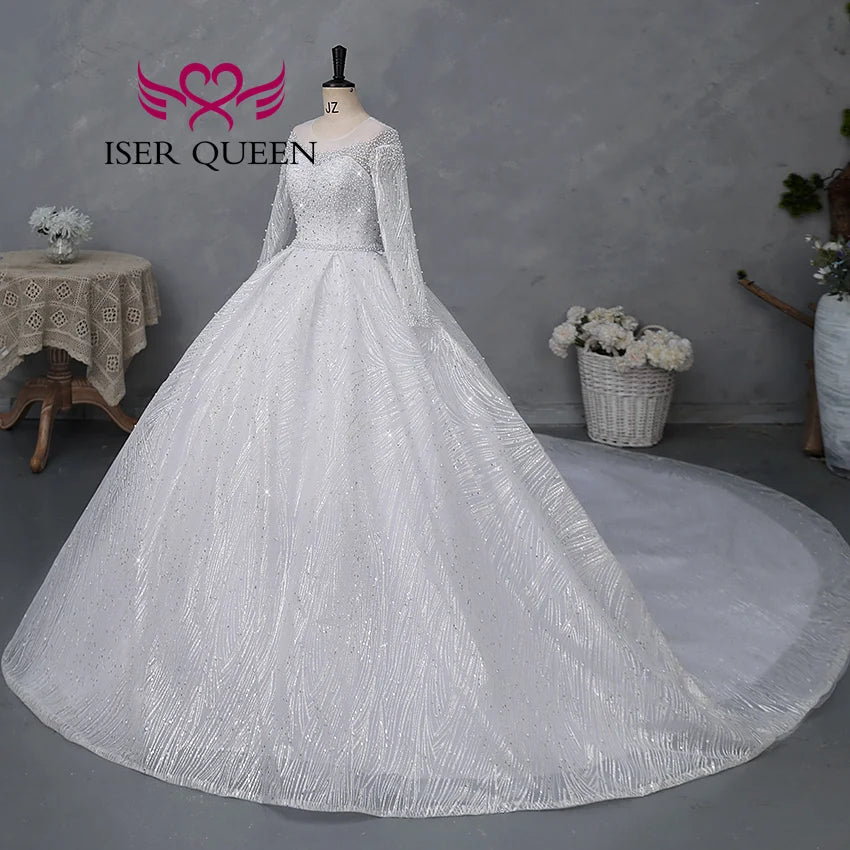 Customized Sheer Neck Long Sleeves Wedding Dress 2026 New Fashion Pearls And Crystal Beaded Luxury Wedding Dress Bride WX0467