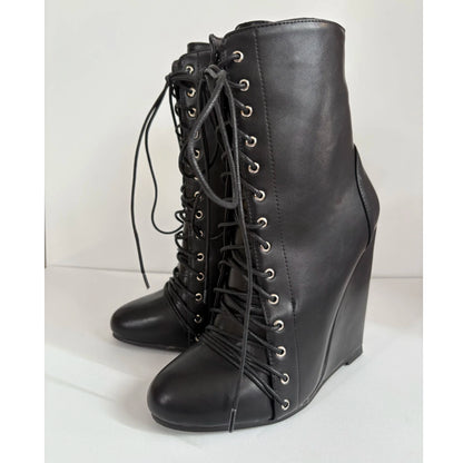 Patchwork Wedge Platform Ankle Boots Women Fashion Round Toe Front Lace Up Shoes Ladies Punk Chic Zipper Suede Cross Tied Boots