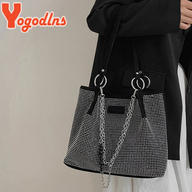Yogodlns Luxury Rhinestone Bucket Bag For Women Fashion Brands Shouldr Bag Trendy Underarm Bag Shopping Handbag Purse Bolsa