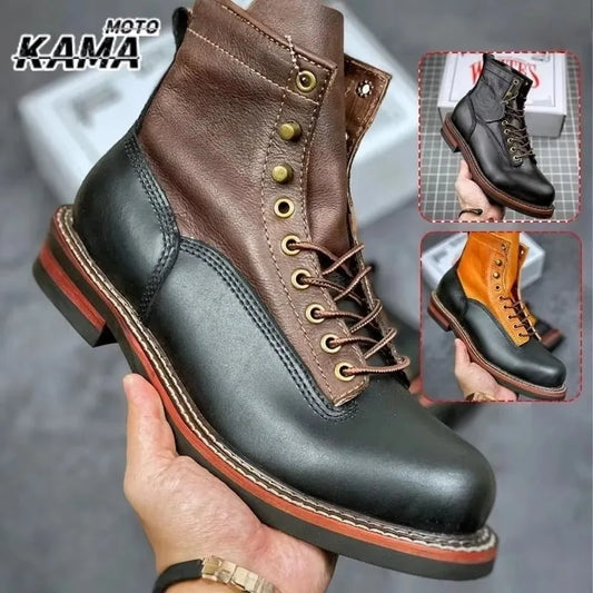 HOT Cowhide Men's Trekking Boot British Ankle Casual Sneakers Trekking Shoes Thick Soled High Top Motorcycle Boots