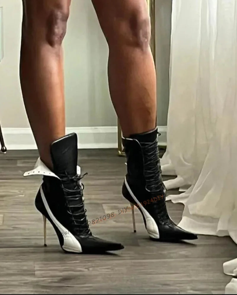 Patchwork Lace Up Thin High Heel Boots Matte Leather Pointed Toe Shoes for Women Stilettos High Heels Shoes Zapatos Para Mujere