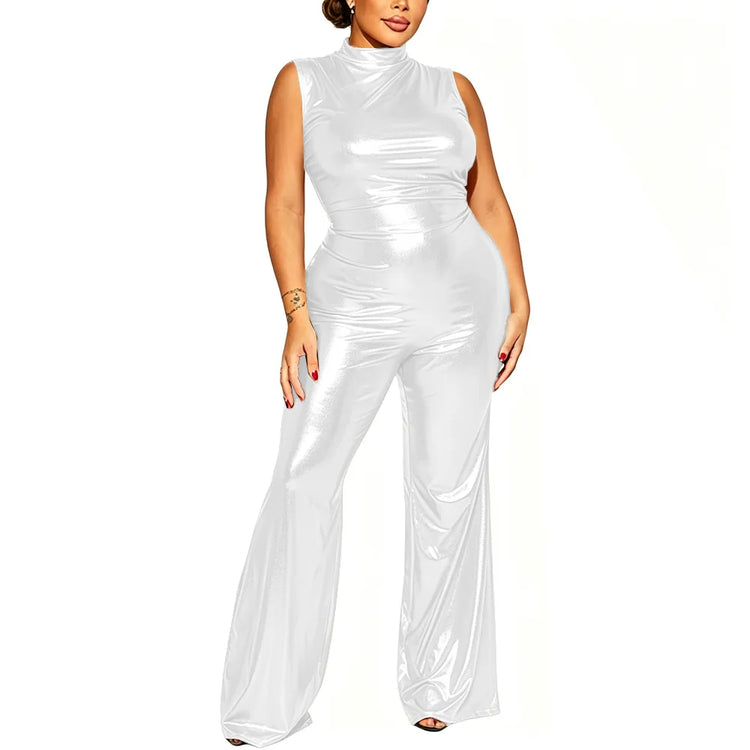 Plus Size Nightclub Wear Jumpsuit Shiny Metallic Sleeveless Women Elegant Jumpsuit Sexy Mock Neck Rompers Wide Leg Long Pants