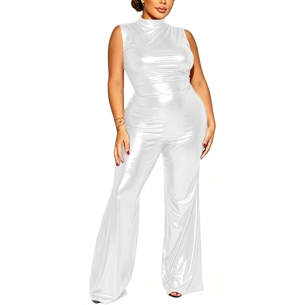 Plus Size Nightclub Wear Jumpsuit Shiny Metallic Sleeveless Women Elegant Jumpsuit Sexy Mock Neck Rompers Wide Leg Long Pants