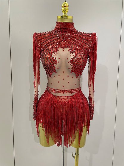 Women Sparkly Rhinestone Sequin Tassel Stretch Bodysuits 2025 New Arrival Birthday Party Nightclub Dj Stage Performance Costume
