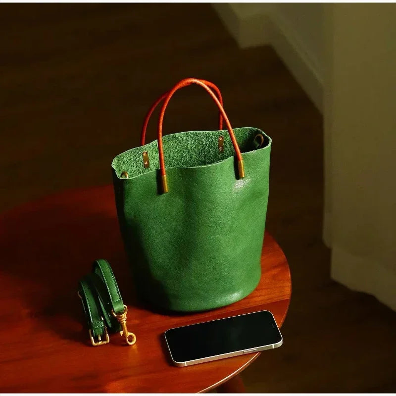 Luxury Leather Green Bucket Bag Retro Metal Handle Large Capacity Tote Bag Fashionable Casual Solid Color Shoulder Bag