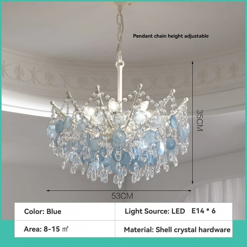 French Luxury LED Pendant Lights Blue White Natural Shell Crystal Chandelier Lamps for Romantic Living Dining Bedroom Home Decor